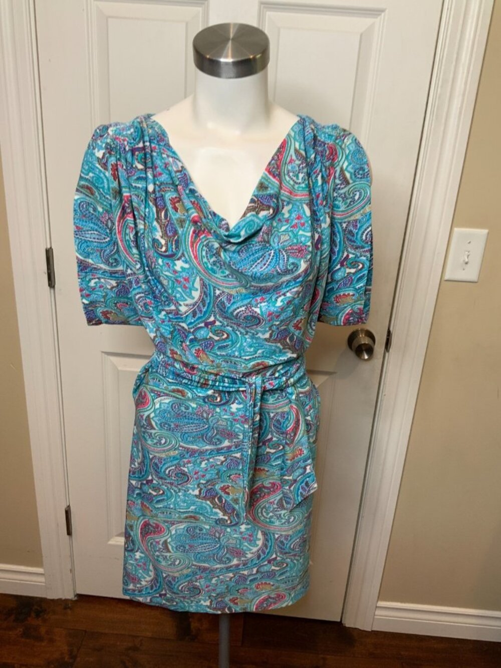 BCBG Max Azria Turquoise Blue Paisley Draped Tie Dress, Size M